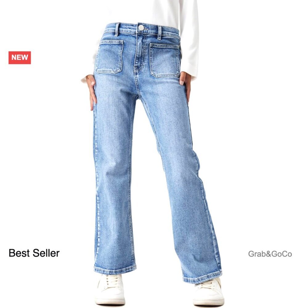 High Waisted Straight Leg Jeans Stretch Denim Pants Cute Casual Trousers